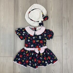 Vintage Baby Girl Baby Togs 3T Navy Floral Dress With Hat READ